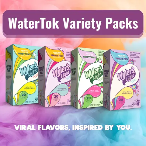 Wyler's Light WaterTok Variety Pack Hydration Powdered Beverage, 20 To-Go Flavoring Powder Mixes (Tropical, Classic, Kiwi Lime Zing, Unicorn, Bubble Gum, Dragon Fruit), Sugar-Free, Low-Calorie, Citric Acid-Lavender-Magnesium-Infused, Cupboard-Storable