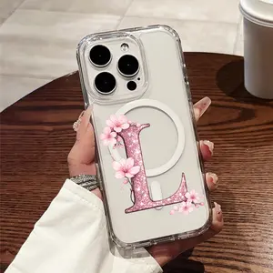 A Transparent Acrylic Phone Case Featuring a Sparkling Letter L Adorned with Cherry Blossoms, Designed to Be Shockproof And Compatible with Wireless Charging. It Fits Various for iPhone 17 E Air Pro ProMax iPhone16 15 14 Plus 13 12 11 X XS XR