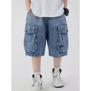 Teen Boy Denim Shorts Gifts/ Vintage Light Blue Washed Denim Cargo Shorts with High Waist& Large Side Cargo Pockets& Button Accents& Baggy Wide Leg Silhouette& Slimming Fit& Stretch Fabric/ for Skate Gatherings& Movie Nights& Street Style