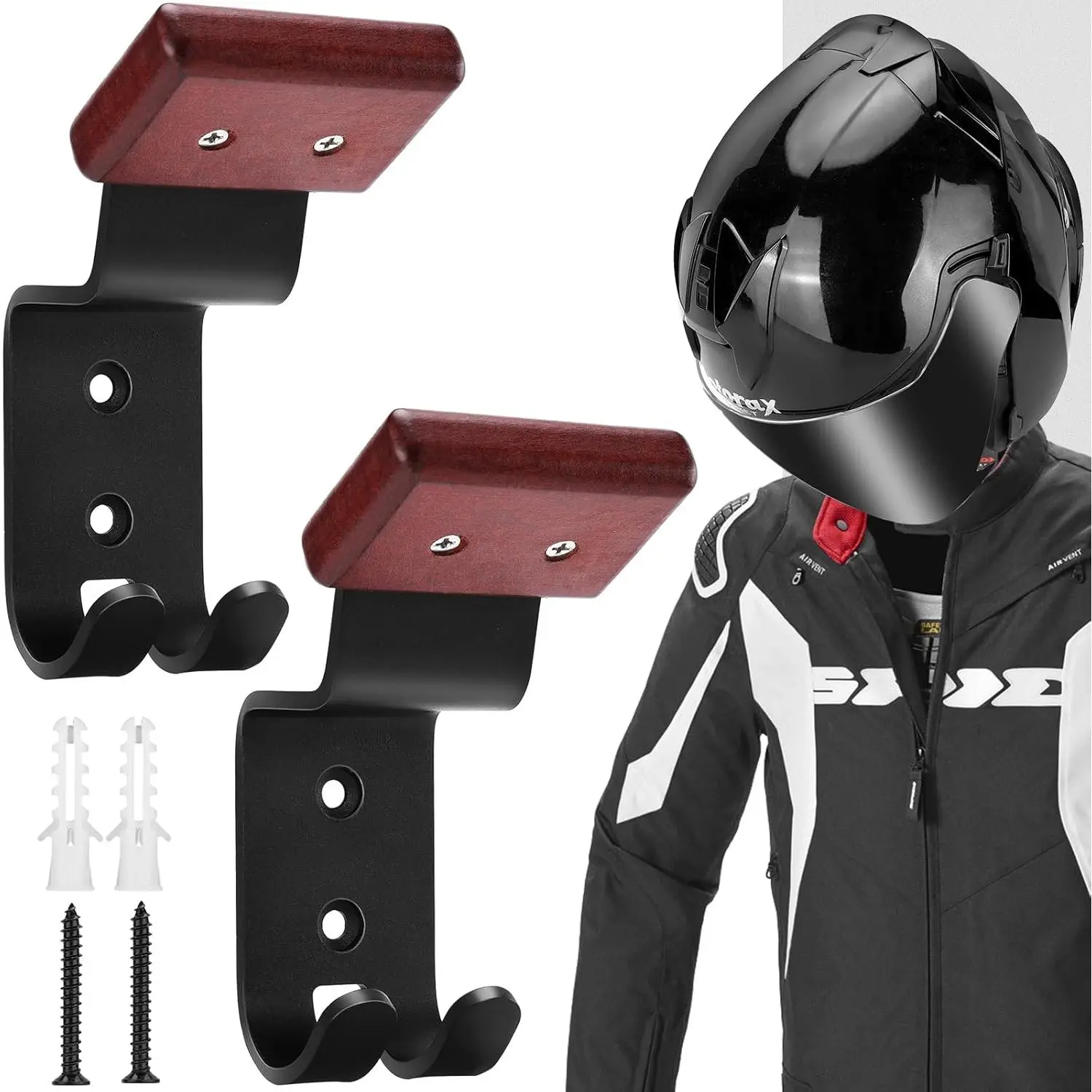 PAHTTO Motorcycle Helmet Holder 2 Pack, Helmet Rack Wall Mount with Double Hook, Helmet Hanger for Football Helmet, Hats, Coats, Sportswear, Motorcycle Accessories for Men