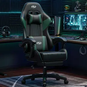Ergonomic Gaming Chair PU Leather 360 Swivel Office Chair Height Backrest Adjustable Game Chair With Headrest Lumbar Support Retractable Footrest Adult Computer Chair Black Green