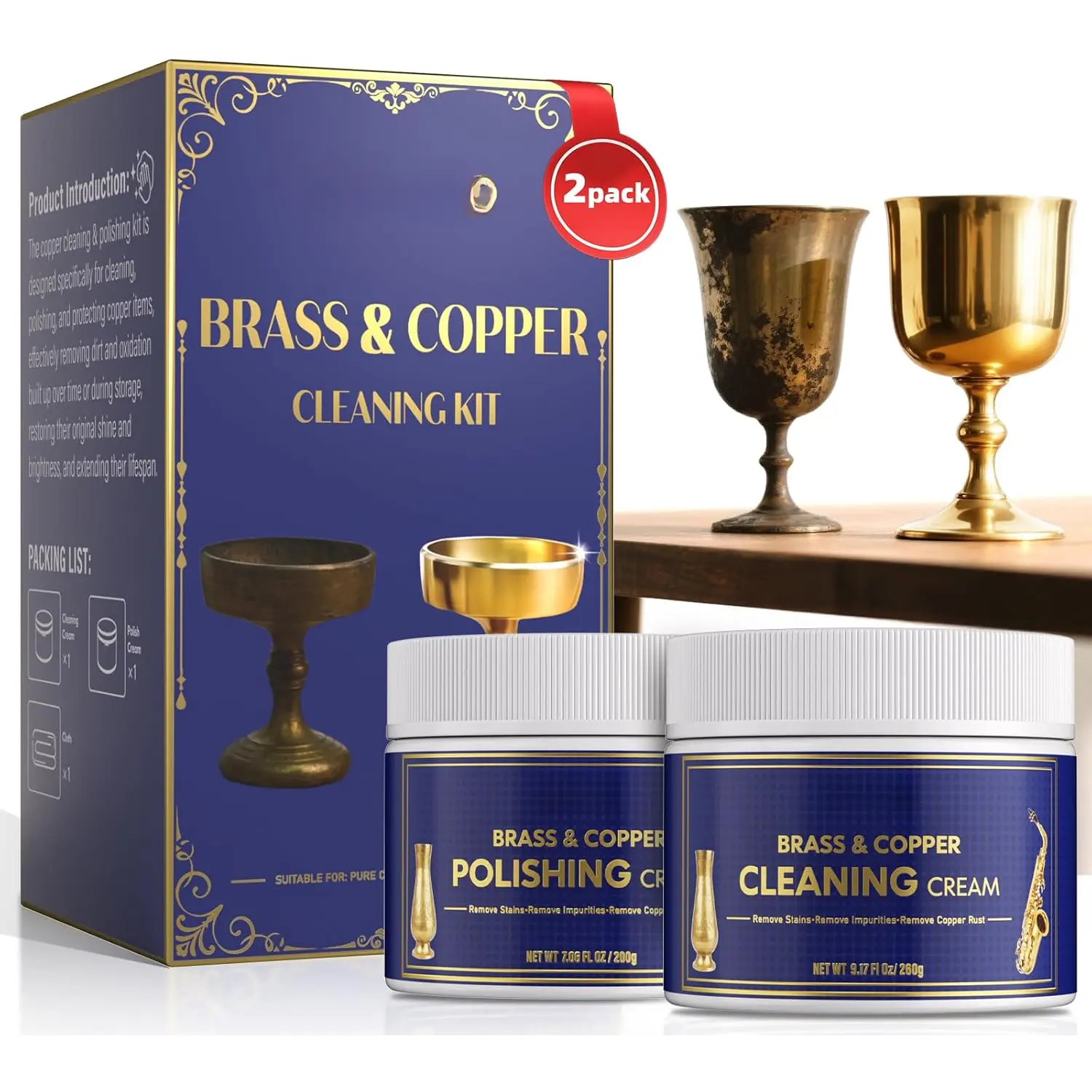 Solid Acid-Free Brass-Bronze Copper Cream Cleaner Kit - Instant Polishing Cream, Protective Tarnish Remover, Metal Brightener for Kitchen, Musical Instrument (With Cloth)