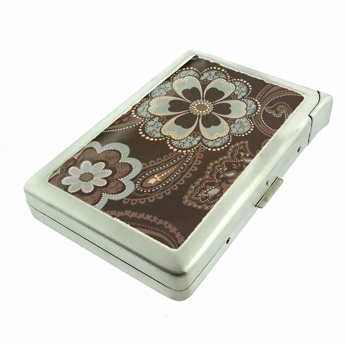 100'S SIZED Brown and Blue Floral Paisley Metal Case Wallet with Built in Lighter