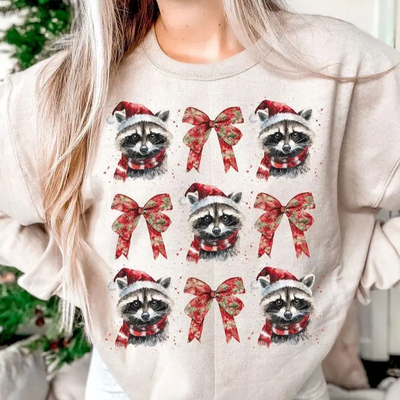 Racoon Coquette Bows Xmas Sweatshirt, Merry Christmas Shirt, Christmas Season Tee, Feral Girl Christmas Tee, Funny Xmas Racoon Lover Shirt LH