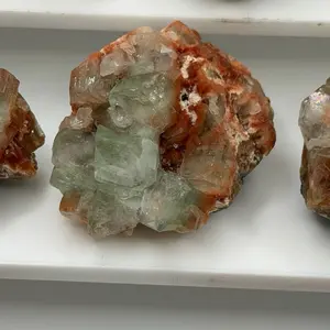 Premium Green Apophyllite Cube Stack on Peach Stilbite
