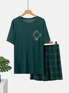 Men's Summer Thin Sleepwear Set, Loungewear, Short Sleeve Shorts, Plaid Lines Design, Casual Home Wear, 2 Piece Set, Comfortable and Stylish