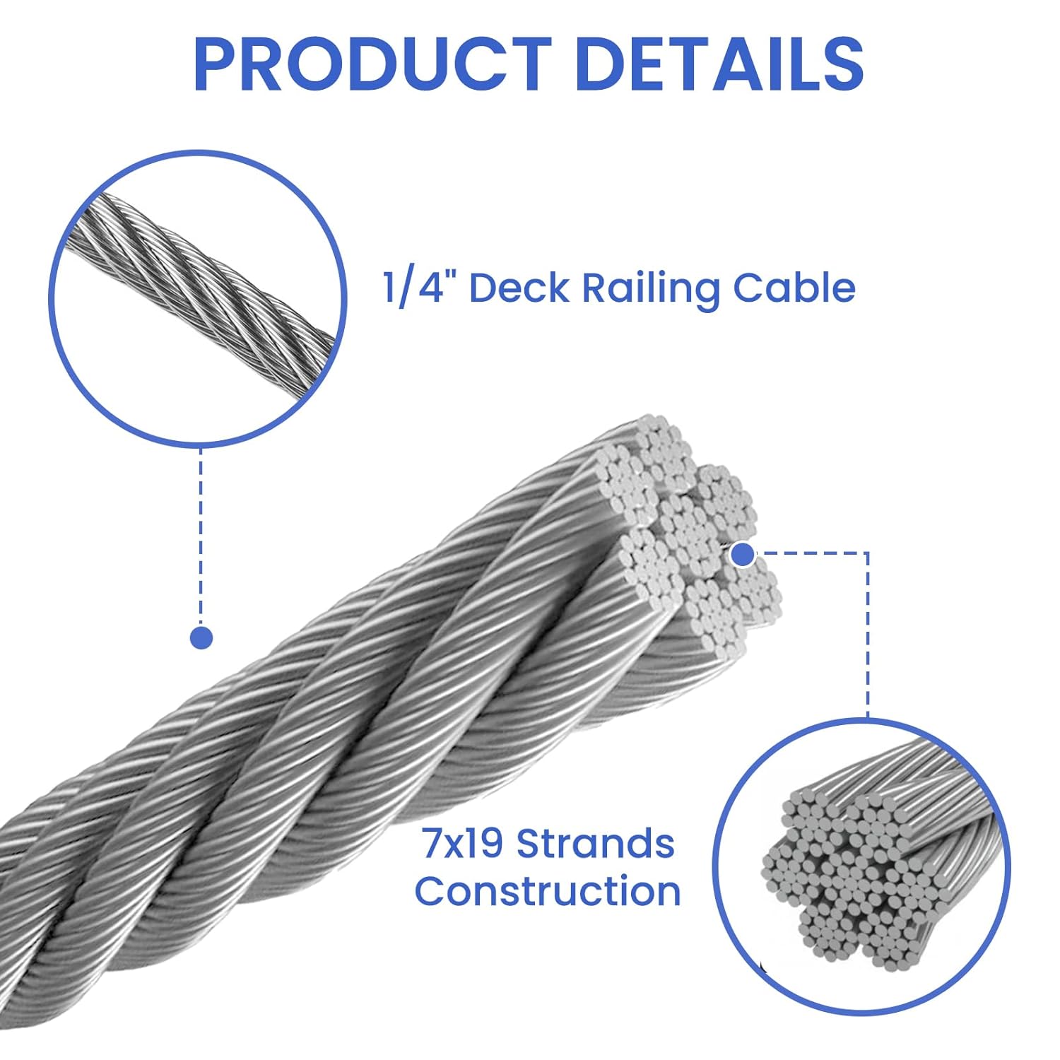 Maeklon 400ft 1/4" Stainless Steel Cable, 7x19 Strand Aircraft Wire Rope, Breaking Strength 6400 Ibs Stainless Steel Zip Line for Heavy Duty Applications, Deck Railing, and String Lights