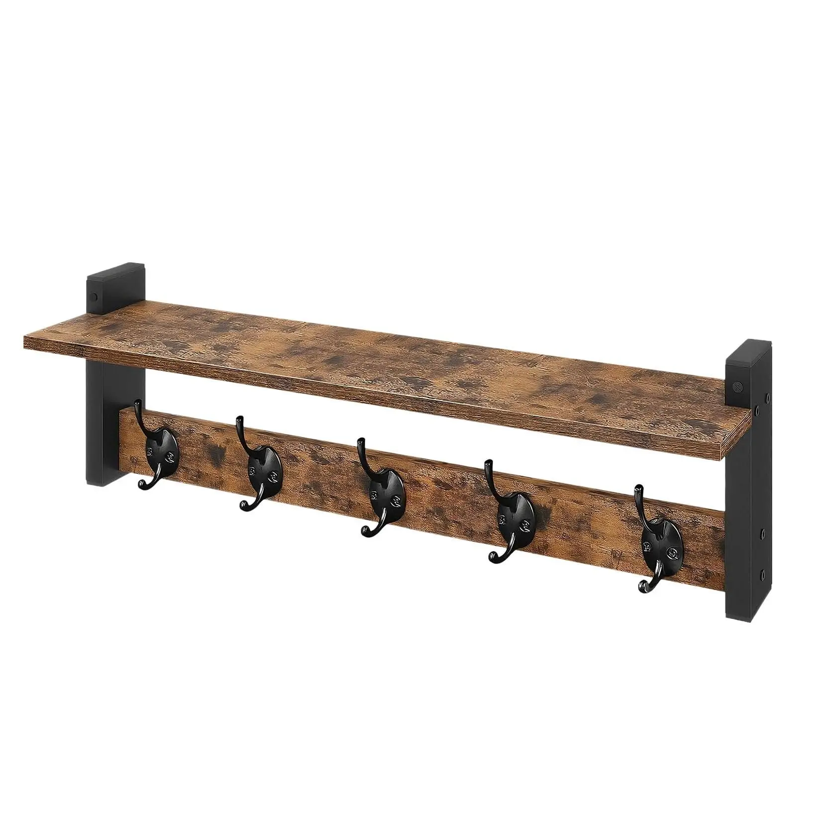 Garvee 17.7 in Industrial Wall-Mounted Coat Rack with Metal Hooks, Entryway Wall Shelf with Storage, Iron & Wood Hanger for Bathroom Decor (Black, Farmhouse Style Shelves)