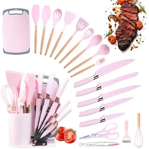 Cooking Utensils Set, 20 PCS Silicone Kitchen Utensils Set with Holder and Kitchen Knife Set for Cooking, Non-stick Heat Resistan Kitchen Tools and Gadgets with Wooden Handle (Pink)