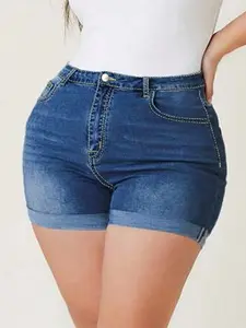 Plus Size Women's Deep Blue Fashion Elastic Stretchy Comfort Denim Shorts, Mid-Waist Casual Summer, Slim-Fitting Jeans for Outdoor Wear, Bottom