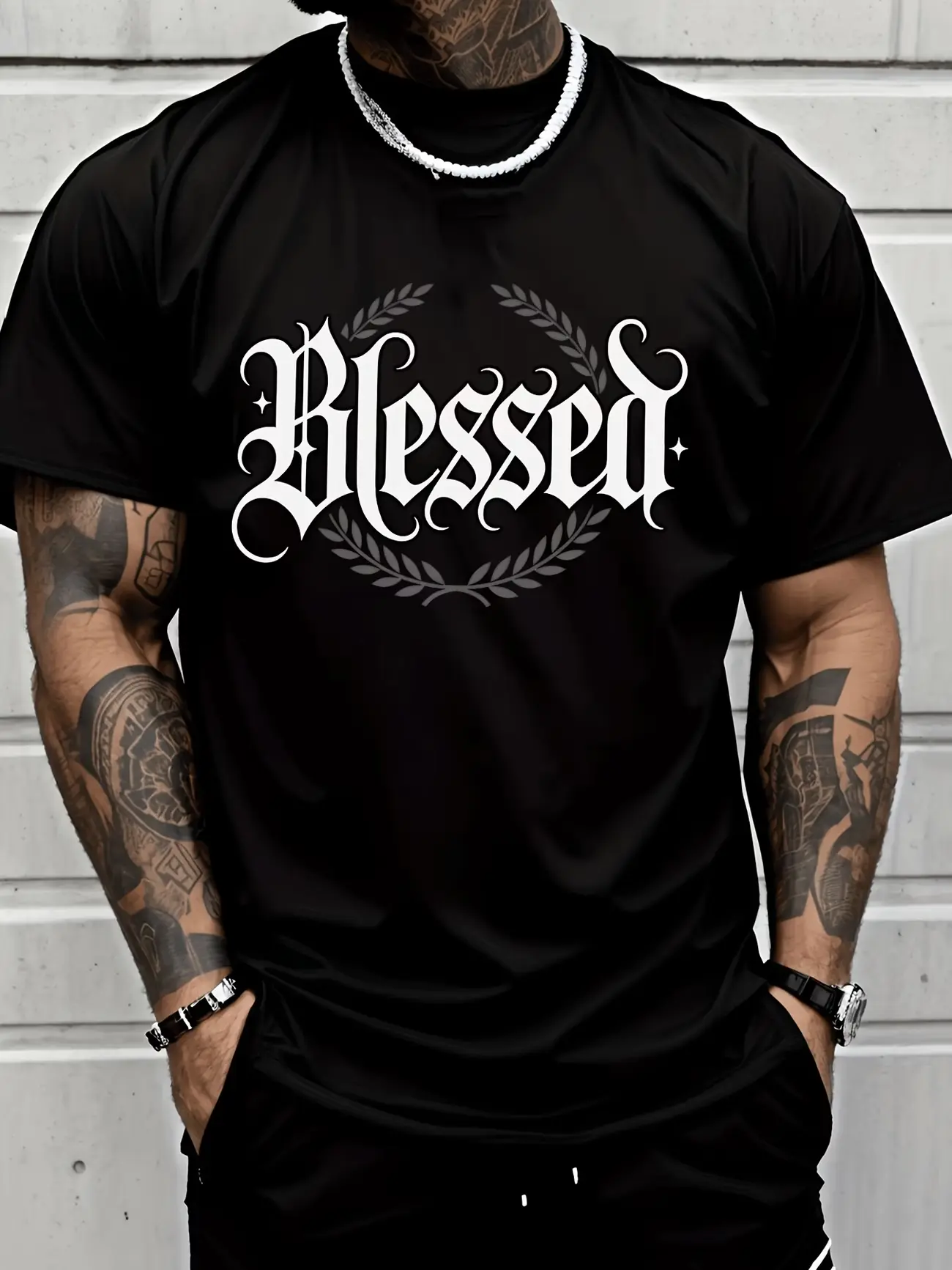 Men'S Fashionable Casual T-Shirt with Blessed Letter And Wreath Design for Street Style