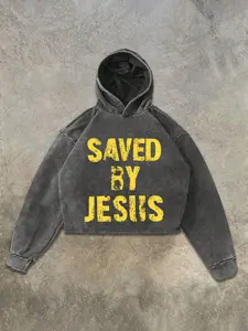 Unisex Short Hooded Sweatshirt, Heavyweight Cotton Washed Vintage Finish, Religious Faith Prayer Print, Drop Shoulder Cut, Streetwear Style