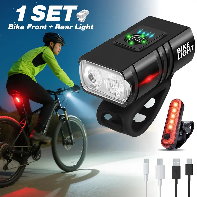XTAUTO DIBMS 2-Piece Ebike & Bicycle Accessories Front+Rear Set - Battery-Powered USB-Rechargeable LED Lights, IPX5 Waterproof, 6 Light Modes, Easy Installation, Night Cycling Reflectors, Bicycle Accessories Set