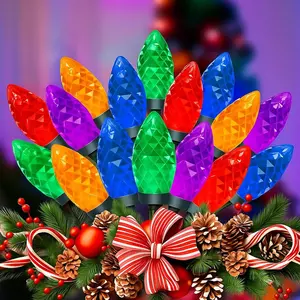 50-Count C9 LED Christmas Lights – 26ft Diamond-Cut Multicolor String, Connectable Green Wire| Outdoor Roof, Tree & Garden Decor