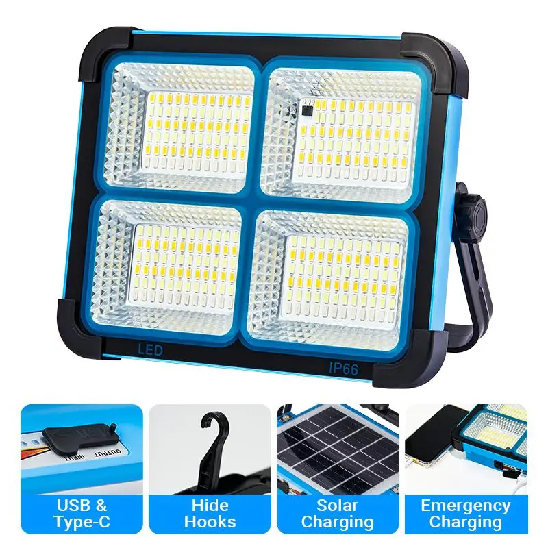Qawtor Solar Powered Rechargeable LED Work Light, 288 LED 5730 Beads Portable Flood Light with USB & Type-C Charging, 5 Lighting Modes, IP66 Waterproof, Magnetic Base, SOS Emergency Signal for Camping, Car Repair & Outdoor Use
