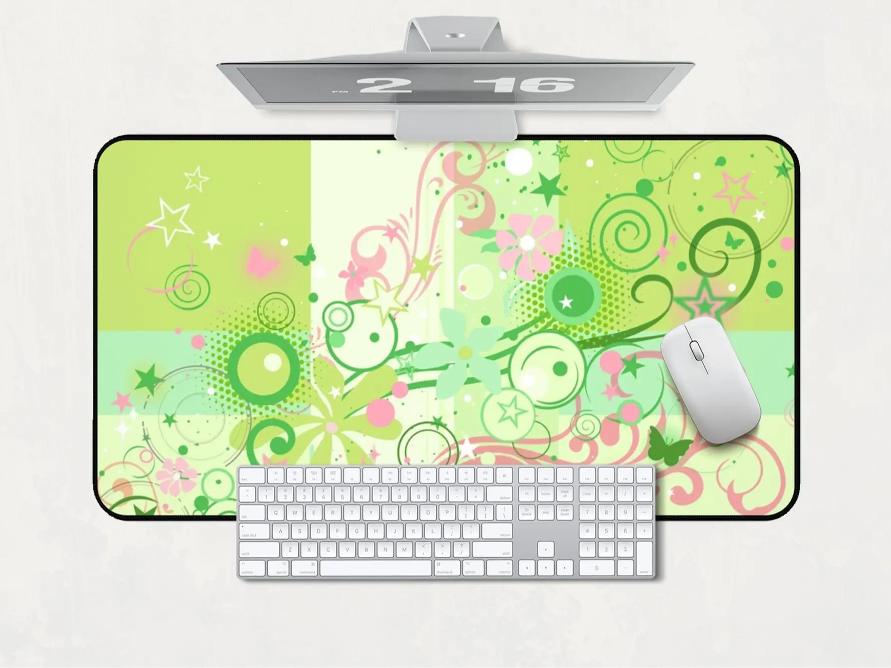 Frutiger Metro Vectorbloom Green and Pink Desk Mat, Non-Slip, Multi-Size, Frutiger Eco, Retro Futurism Nostalgia, Gaming, School, Work Decor