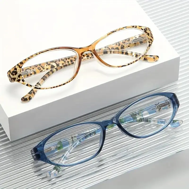 HAITONGCR Women's Blue Light Blocking Resin Reading Eyeglasses, +1.0 to +4.0 Lightweight Oval Frame with Spring Hinge, High Quality Durable Eyewear for Seniors (Leopard Print/Transparent Blue/Tortoise) Includes Case & Cloth, High Quality Eyewear