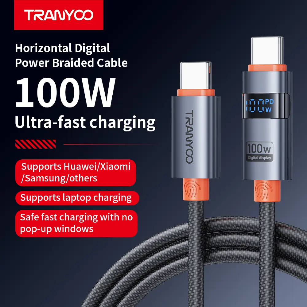 TRANYOO T-CC-6 100W USB-C Fast Charging Cable with Digital Display, 90° Angled Braided Cord, E-Marker Chip, 5-Core Heavy Duty Wire, Supports Laptop Charging, 1.2M summerwins
