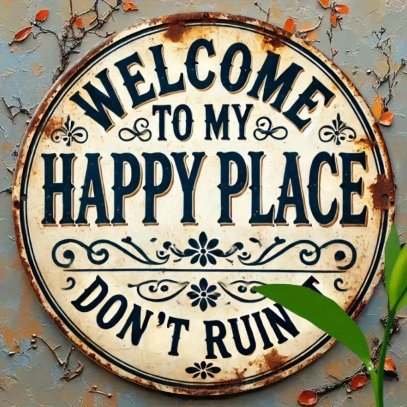 Welcome To My Happy Place Letter Pattern Metal Sign, Round Metal Sign, Rustic Farmhouse Design, Wall Decor for Home & Office, Room Accent Decor, Wall Decor Plaque