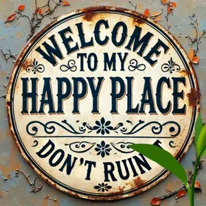 Welcome To My Happy Place Letter Pattern Metal Sign, Round Metal Sign, Vintage Garage Signs, Wall Decor for Home & Office, Room Accent Decor