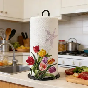10.24 Inch Cast Iron Tulip Paper Towel Holder, Tissue Holder, No Drilling Required, Surface Mount, Holiday Decor, Kitchen Bathroom Party Use