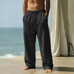 Menswear Wide-Leg Men's Pants - Waffle Knit Textured, Elastic Drawstring, Elegant Comfy Loose Casual Trousers, Fashion Summer Beach Vacation Streetwear Sweatpants for Daily Loungewear