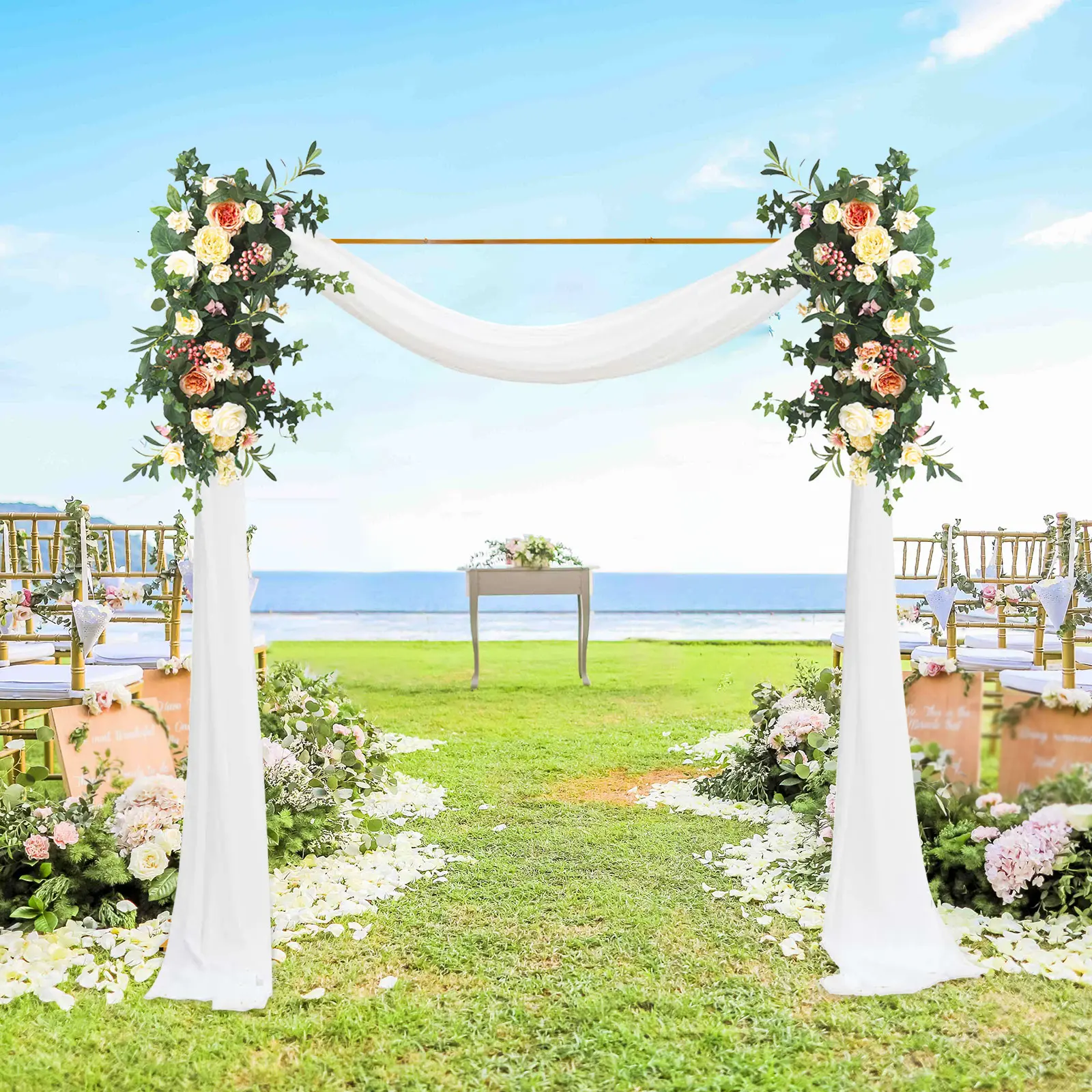 Gold Paint-Finished Solid Durable Steel Wedding Arch Stand, 3m x 3M/9.8Ft x 9.8ft), Detachable Square Base, 22 lbs Load Capacity, Galvanized Iron Removable Backdrop Frame with Screws, for DIY Flower/Banner/Butterfly Decor, Ceremony