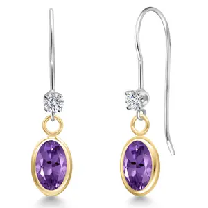 14K Two Tone Gold Purple Amethyst and Lab Grown Diamond Dangle Earrings for Women | 1.63 Cttw | Gemstone February Birthstone | Oval 7X5MM