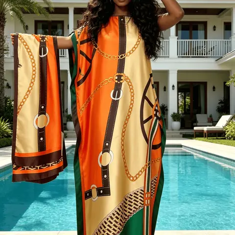 Horsebit Chain Kaftan Dress for Women, Muslim Abaya with Headscarf, Batwing Sleeve Maxi Caftan, Modest Beach Cover Up, Dubai Style