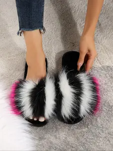 Women's New Faux Fur Home Slippers, Fur Slides, Fashionable Color Block Design, Soft Plush, Fluffy Home Slippers, One-Piece Easy Wear, Fall & Winter Casual Shoes, Warm Slippers, Indoor Slippers