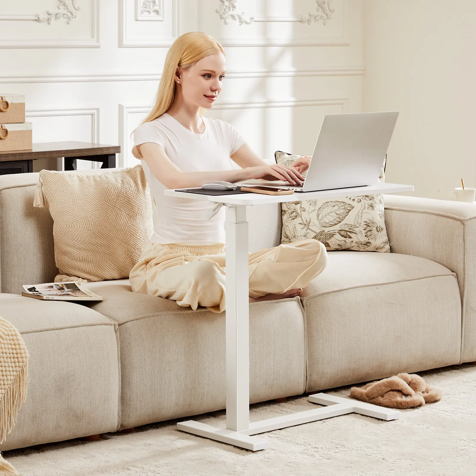 GGBDNP Overbed Nursing Side Table with Hidden Casters, Height-Adjustable, Multi-Use for Bedroom - Standing Desk, Laptop & Mobile Workstation
