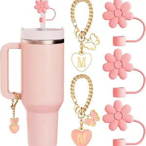 Compatible with Stanley Cup Accessories, 3PCS Hot Pink Straw Toppers for Stanley Cup Straw Cover Cap, 2PCS Cute Letter Charms for Stanley 30&40 Oz Tumbler with Handle