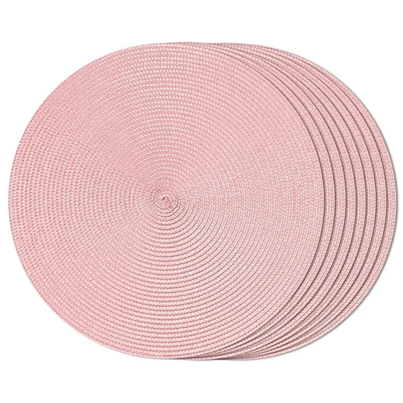 8-Pack Pink Woven Plastic Placemats, 15in Round Braided Table Pads, Heatproof Waterproof Kitchenware for Dining Room, Cafes, Restaurants, Farmhouse Decor, Water Proof, Indoor