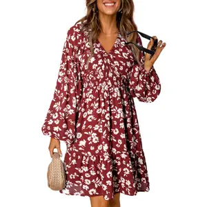 DOKOTOO Women's 2026 Boho Floral V-Neck Long-Sleeve Smocked Elastic Waist Casual A-Line Swing Mini Sundress