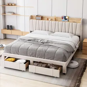 【GARVEE】Bed Frame with Storage Headboard, Upholstered Platform Beds with Drawers, Charging Station, Noise-Free, No Box Spring Needed, Easy Assembly, Beige