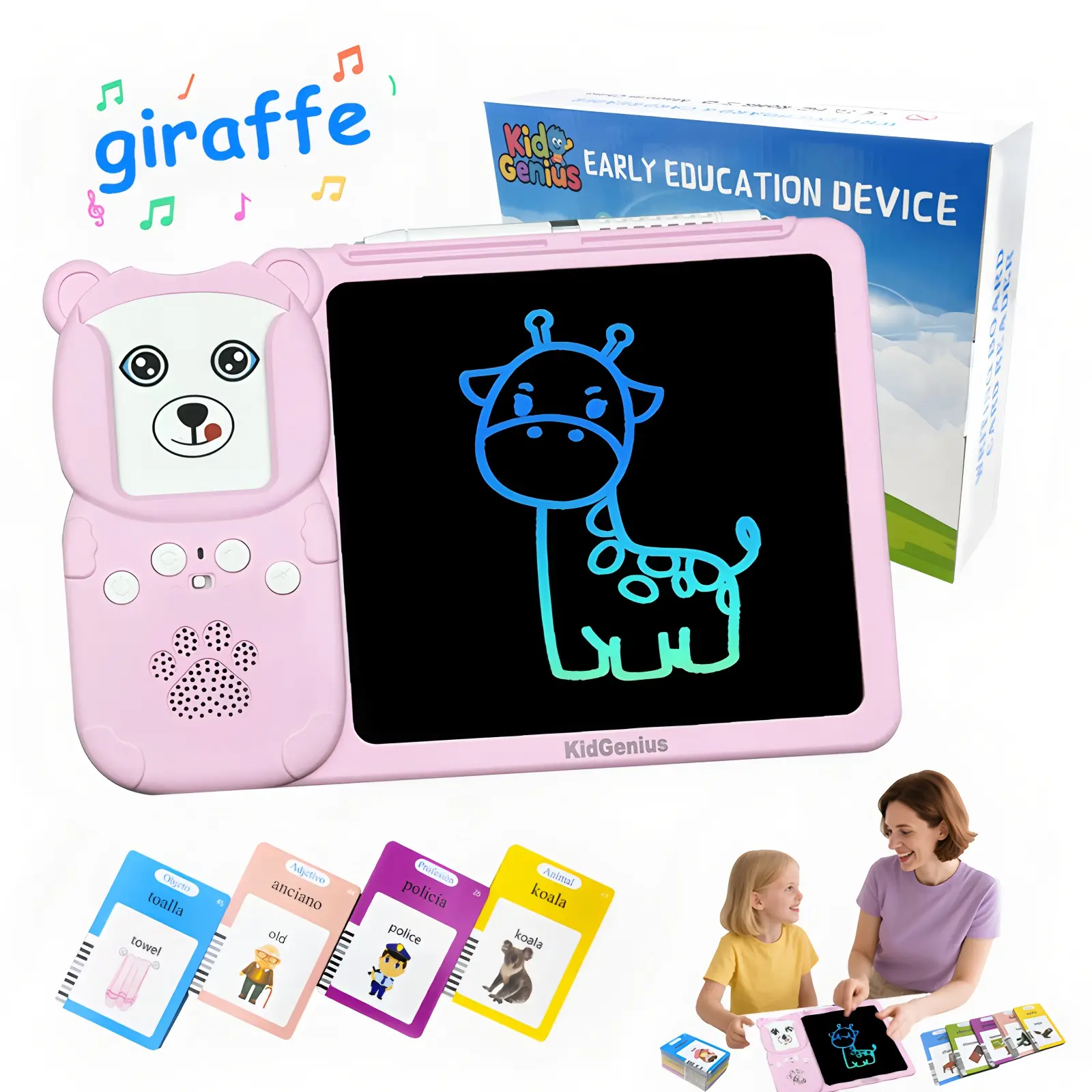 KIDGENIUS 510 English Spanish Vocabulary Flash Cards LCD Writing Tablet, Educational Learning Drawing Board for Kids, Preschool Homeschool Autism Therapy Tool, Ideal Gift for Toddlers Boys Girls Animal