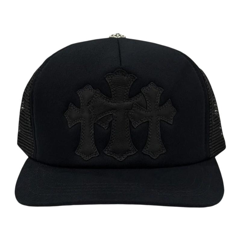 Chrome Hearts Cemetery Leather Cross Patch Trucker Hat Black Black