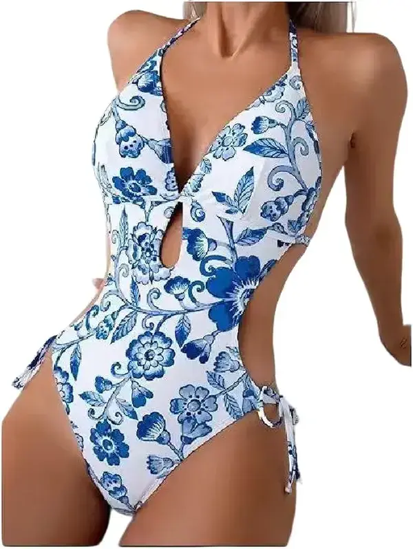 Women's Blue White Porcelain Floral Halter 1-Piece Swimsuit - Deep V Side Cutout Tie Detail Bodycon Monokini, Chic Plunge Cutout Blue Swimwear for Beach & Resort Vacations (Halter Swimdress Style), Bodycon Monokini Swimsuit, Chic Swimsuit