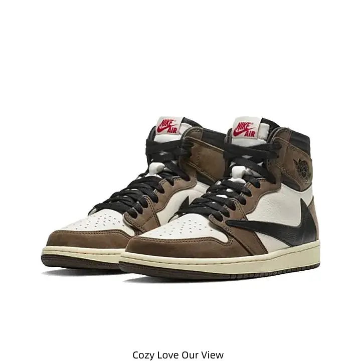 Brown White Two-Tone Leather High Top Jordan Casual Sneakers Black Swoosh Logo Vintage Beige Rubber Outsole Daily Walking Trainers for Men Women Street Fashion