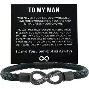To My Man Infinity Leather Bracelet, Love You Forever and Always Stainless Steel Bracelets Husband Gifts from Wife Valentine Birthday Christmas Fathers Gifts for Him