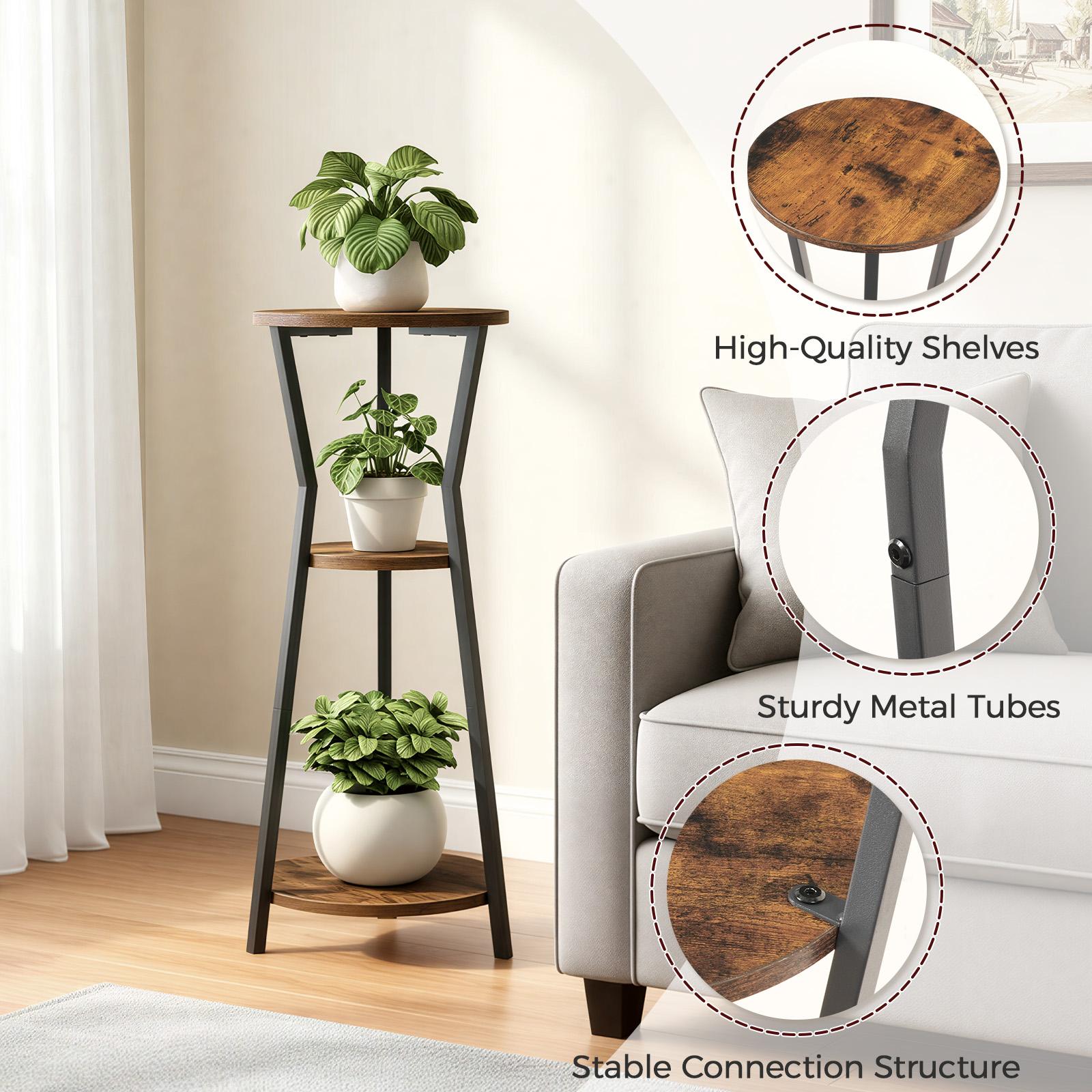 MAHANCRIS Plant Stand Indoor, 3-Tier Round Corner Plant Shelf, Flower Pot Holder, Round Corner Display Rack, for Living Room, Balcony, Rustic Brown and Black