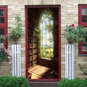 2pcs Vintage European Arch Window Study Room Wall Sticker Stereo Simulation Green Plant Bookshelf Decorative Sticker Self Adhesive Wallpaper for Living Room Bedroom Background WallPVCVintage European Arch