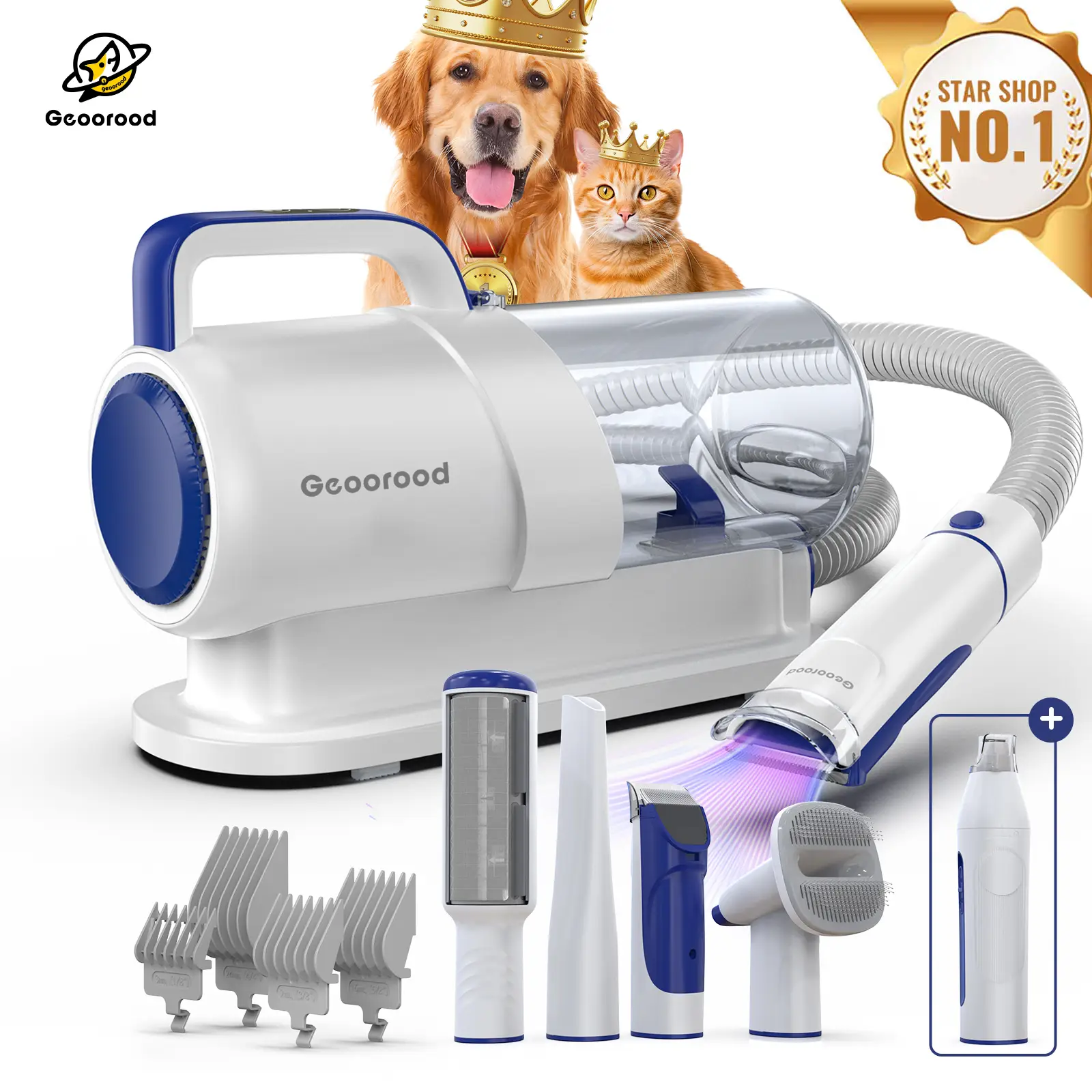 Geoorood Dog Grooming All-in-One Kit with Vacuum Brush 2.2L Large Pog Stainless Steel Blades Lightweight Design 10KPa Suction Force Portable Cleaning