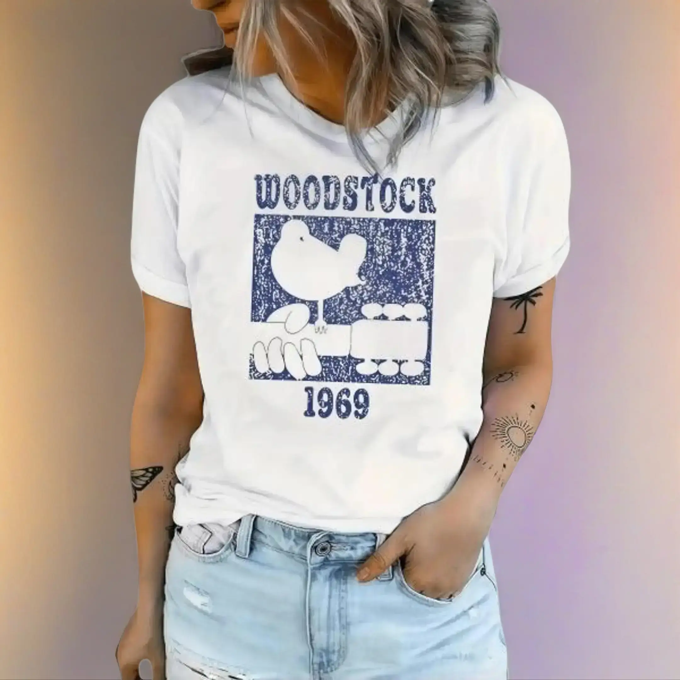 Women's Woodstock 1969 Graphic Tee, Casual Drop Shoulder T Shirts for Women in Soft Cotton, Short Sleeve Summer Top, Women's Clothes, Party