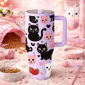 1 Pc 40oz Insulated Mug, Double Wall Vacuum Cup, Insulated Flask, Leak Proof Large Capacity Thermal Mug, Keeps Hot 12h Cold 24h, Cute Cat Design Gift for Women Mom Girlfriend, Travel Mug with Handle and Lid for Coffee Tea Daily Use Holiday Gift, Drinkware