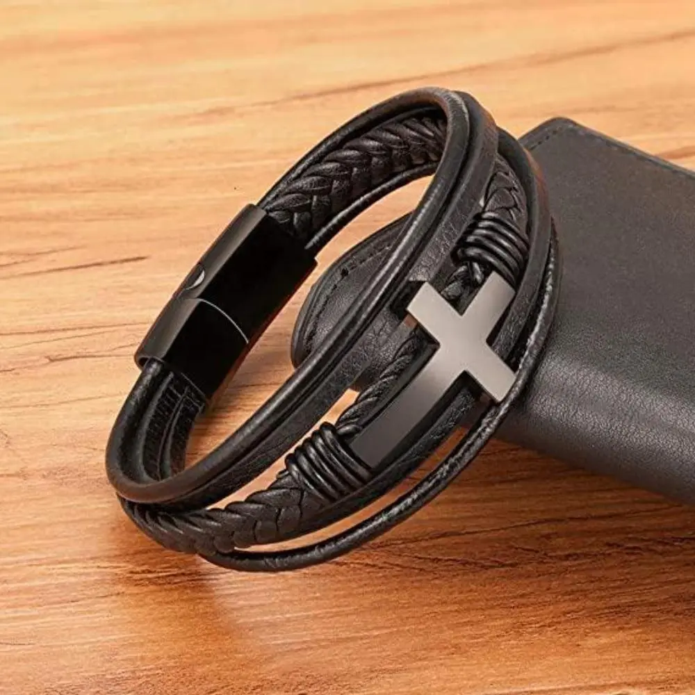 Men's 8" Cross Leather-Metal Braided Bracelets Jewelry - Magnetic Clasp Multilayer Stackable Bangle, Faith Wear Casual Father's Day Gift Accessory, Stackable Bangle Bracelets