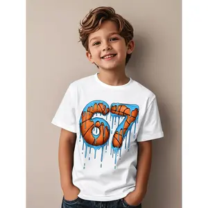 Boys' Basketball 67 Number Meme T-Shirt - Retro Gen Alpha Drip Series with Number 67 Design, Casual Short Sleeve Kids Top for Birthday Party Outfits & Casual Attire, Year-Round Comfortable Gift for Boys