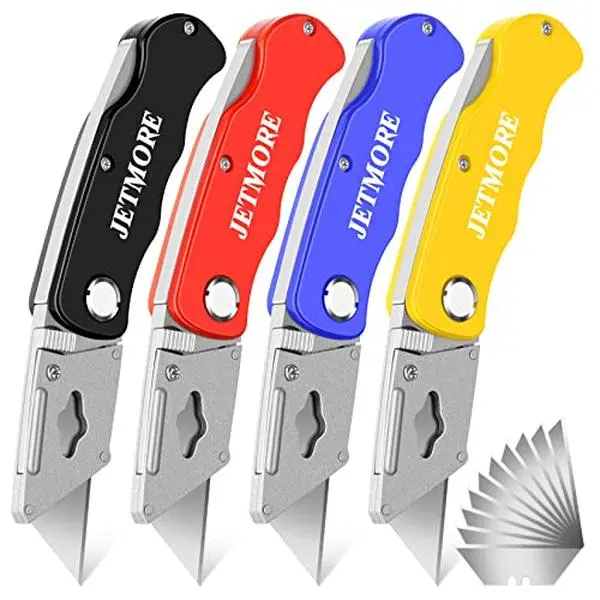 JETMORE 4 Pack Folding Utility Knife Box Cutter Mat Cutter with 10 Mat Cutter Blades Cutters for Mat Board Cardboard Home Office Warehouse Durable Razor Knife Box Opener with Clip Navajas de Trabajo