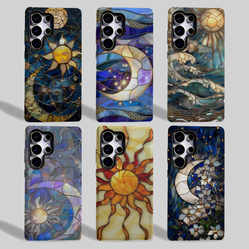 Sun Moon Celestial Faux Stained Glass Collection Printed Phone Case for Samsung Galaxy S25/S24/S23/S22/S21/PLUS/FE/Ultra/NOTE20/A71/A56/A55/A54/A53/A52/A36/A35/A34/A26/A25 Shockproof Wireless Charging Thickened Phone cover [Samsung S25 New]