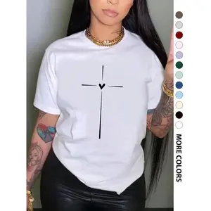 Women’s round-neck T-shirt with a cross and heart print, fashionable casual short-sleeved round-neck tee, suitable for everyday wear, all-season women’s apparel GARMENTARY